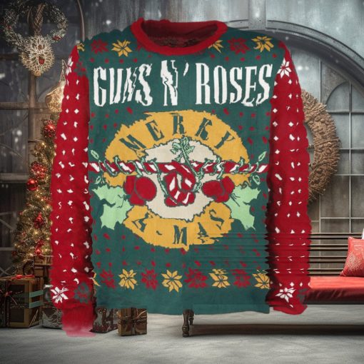 Guns N Roses Merry Xmas Guns Candy Crane Logo Holiday Theme 2024 Knitted Ugly Christmas Sweater