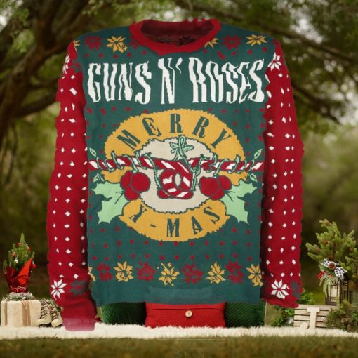 Guns N Roses Merry Xmas Guns Candy Crane Logo Holiday Theme 2024 Knitted Ugly Christmas Sweater