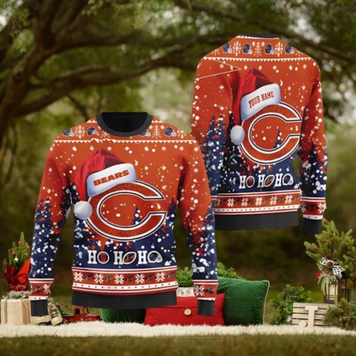 Chicago Bears Symbol Wearing Santa Claus Hat Ho Ho Ho Custom Personalized Ugly Christmas Sweater 3D Printed Men And Women Holiday Gift