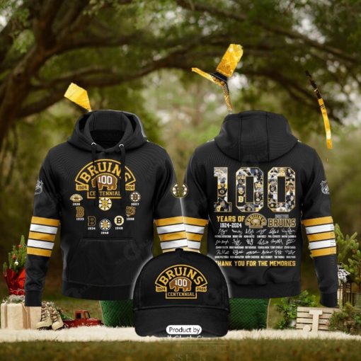 HOT 100 Years Of Boston Bruins 1924 2024 Memories Signatures Black Hoodie 3D