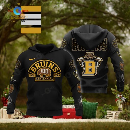 HOT NHL Boston Bruins 100 Centennial Mascot 1924 2024 Black Hoodie 3D