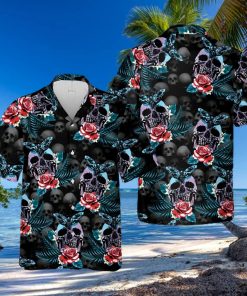 Skull Rose And Butterfly Black Aloha Hawaiian Shirt