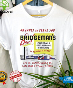 Bridgeman’s Bowl 48 lanes to serve you cocktails restaurant billiards shirt