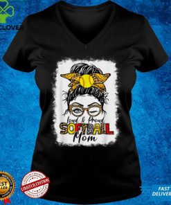 Women Loud & Proud Softball Mom Messy Bun Leopard Bleached T Shirt