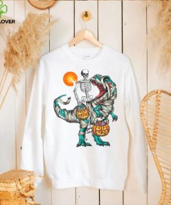 Halloween Skeleton Riding Mummy Dinosaur T rex Pumpkin Moon T Shirt