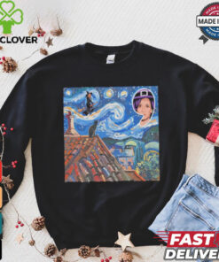 Halloween Starry Night Kamala Harris Witch Black Cat Comma La Van Gogh art shirt