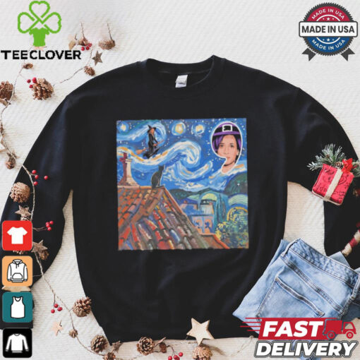 Halloween Starry Night Kamala Harris Witch Black Cat Comma La Van Gogh art shirt