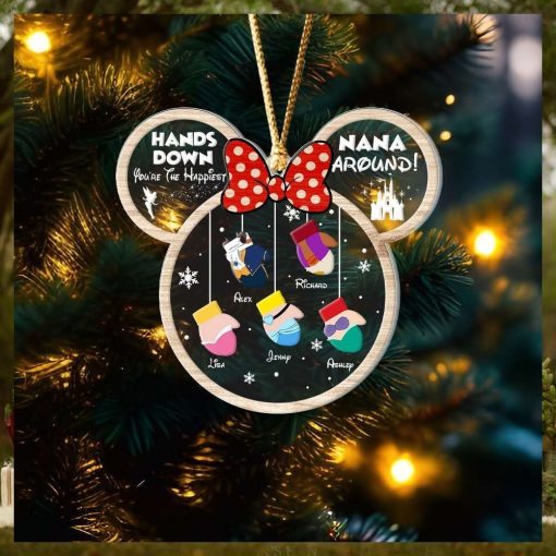 Hands Down, You’re The Happiest Nana Around, Gift For Family, Personalized Acrylic Ornament, Cartoon Gloves Ornament, Christmas