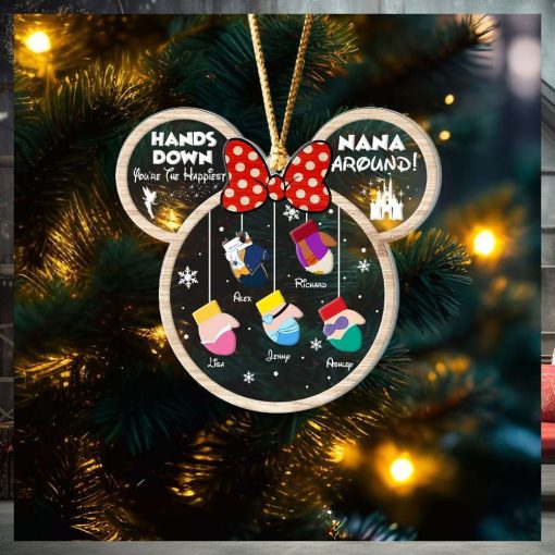 Hands Down, You’re The Happiest Nana Around, Gift For Family, Personalized Acrylic Ornament, Cartoon Gloves Ornament, Christmas