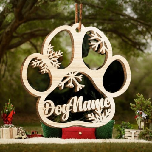 Happy Christmas With Fur Babies   Personalized Custom Paw Shaped Wood Christmas Ornament