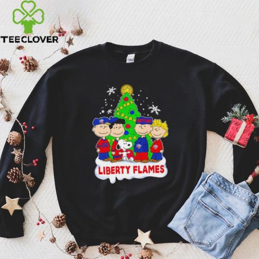 Happy Merry Christmas Peanuts Christmas tree Liberty Flames football logo gift hoodie, sweater, longsleeve, shirt v-neck, t-shirt