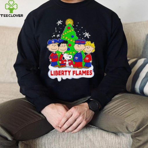 Happy Merry Christmas Peanuts Christmas tree Liberty Flames football logo gift hoodie, sweater, longsleeve, shirt v-neck, t-shirt