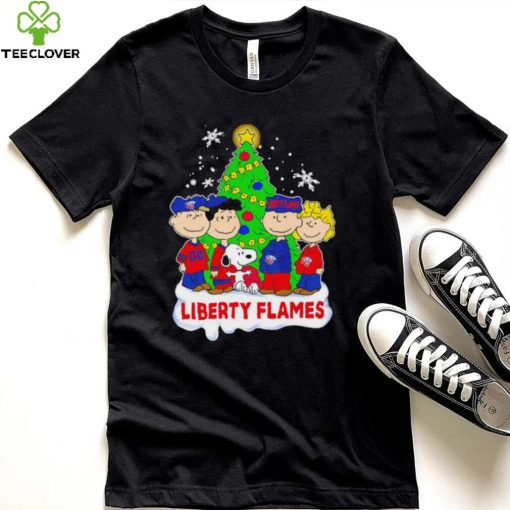 Happy Merry Christmas Peanuts Christmas tree Liberty Flames football logo gift hoodie, sweater, longsleeve, shirt v-neck, t-shirt