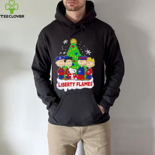 Happy Merry Christmas Peanuts Christmas tree Liberty Flames football logo gift hoodie, sweater, longsleeve, shirt v-neck, t-shirt