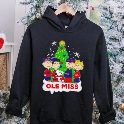 Happy Merry Christmas Peanuts Christmas tree Ole Miss football logo gift hoodie, sweater, longsleeve, shirt v-neck, t-shirt