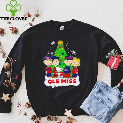 Happy Merry Christmas Peanuts Christmas tree Ole Miss football logo gift hoodie, sweater, longsleeve, shirt v-neck, t-shirt