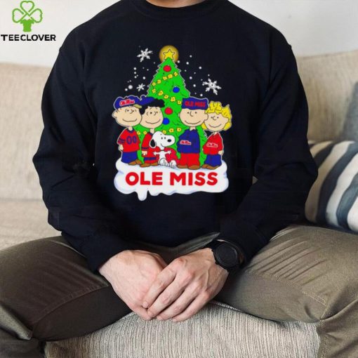 Happy Merry Christmas Peanuts Christmas tree Ole Miss football logo gift hoodie, sweater, longsleeve, shirt v-neck, t-shirt