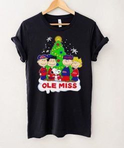 Happy Merry Christmas Peanuts Christmas tree Ole Miss football logo gift hoodie, sweater, longsleeve, shirt v-neck, t-shirt