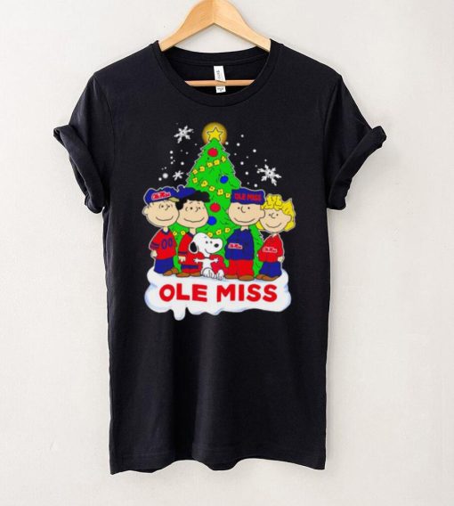 Happy Merry Christmas Peanuts Christmas tree Ole Miss football logo gift hoodie, sweater, longsleeve, shirt v-neck, t-shirt