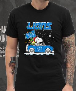 Happy Merry Christmas Snoopy drive a car Detroit Lions logo flag gift hoodie, sweater, longsleeve, shirt v-neck, t-shirt