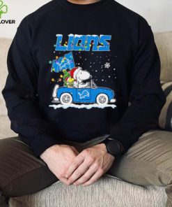 Happy Merry Christmas Snoopy drive a car Detroit Lions logo flag gift hoodie, sweater, longsleeve, shirt v-neck, t-shirt