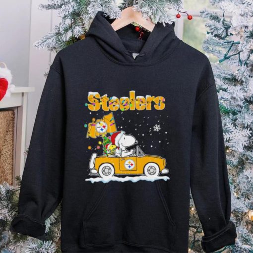 Happy Merry Christmas Snoopy drive a car Pittsburgh Steelers logo flag gift hoodie, sweater, longsleeve, shirt v-neck, t-shirt