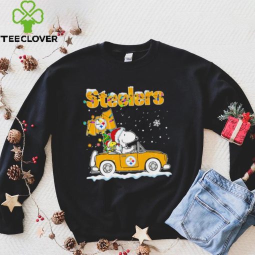 Happy Merry Christmas Snoopy drive a car Pittsburgh Steelers logo flag gift hoodie, sweater, longsleeve, shirt v-neck, t-shirt