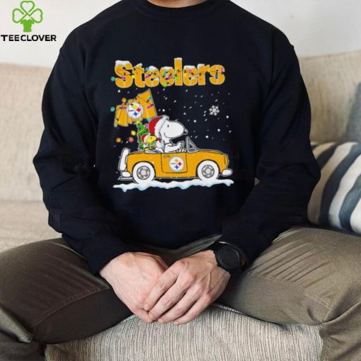 Happy Merry Christmas Snoopy drive a car Pittsburgh Steelers logo flag gift hoodie, sweater, longsleeve, shirt v-neck, t-shirt