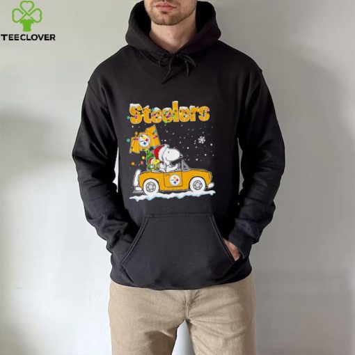 Happy Merry Christmas Snoopy drive a car Pittsburgh Steelers logo flag gift hoodie, sweater, longsleeve, shirt v-neck, t-shirt