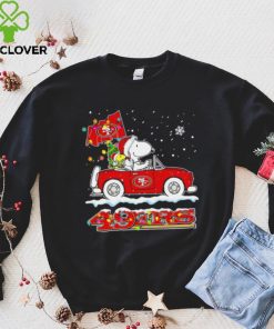 Happy Merry Christmas Snoopy drive a car San Francisco 49ers logo flag gift hoodie, sweater, longsleeve, shirt v-neck, t-shirt