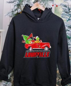 Happy Merry Christmas The Grinch drive a car Louisville Cardinals football logo flag gift shirt