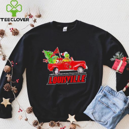 Happy Merry Christmas The Grinch drive a car Louisville Cardinals football logo flag gift hoodie, sweater, longsleeve, shirt v-neck, t-shirt