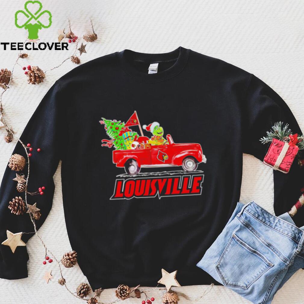 Happy Merry Christmas The Grinch drive a car Louisville Cardinals football  logo flag gift shirt - teejeep