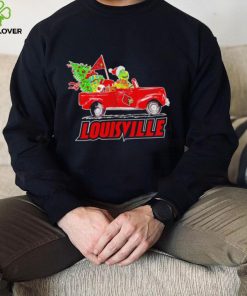 Happy Merry Christmas The Grinch drive a car Louisville Cardinals football logo flag gift hoodie, sweater, longsleeve, shirt v-neck, t-shirt