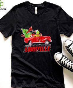 Happy Merry Christmas The Grinch drive a car Louisville Cardinals football logo flag gift hoodie, sweater, longsleeve, shirt v-neck, t-shirt