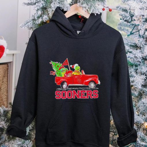 Happy Merry Christmas The Grinch drive a car Oklahoma Sooners football logo flag gift hoodie, sweater, longsleeve, shirt v-neck, t-shirt