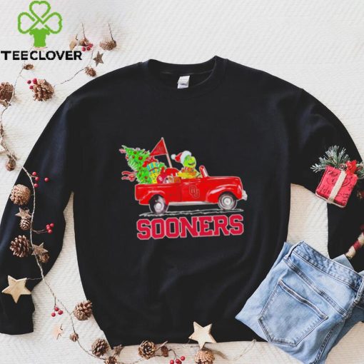 Happy Merry Christmas The Grinch drive a car Oklahoma Sooners football logo flag gift hoodie, sweater, longsleeve, shirt v-neck, t-shirt