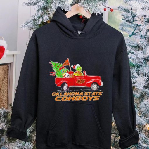 Happy Merry Christmas The Grinch drive a car Oklahoma State Cowboys football logo flag gift hoodie, sweater, longsleeve, shirt v-neck, t-shirt