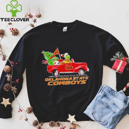 Happy Merry Christmas The Grinch drive a car Oklahoma State Cowboys football logo flag gift hoodie, sweater, longsleeve, shirt v-neck, t-shirt