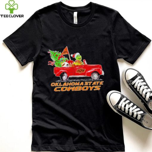 Happy Merry Christmas The Grinch drive a car Oklahoma State Cowboys football logo flag gift hoodie, sweater, longsleeve, shirt v-neck, t-shirt