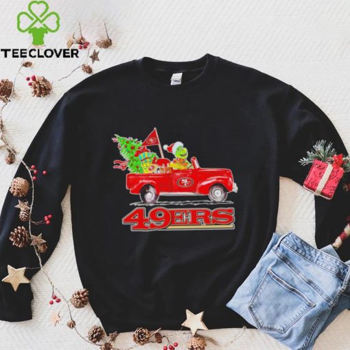 Happy Merry Christmas The Grinch drive a car San Francisco 49ers football logo flag gift hoodie, sweater, longsleeve, shirt v-neck, t-shirt