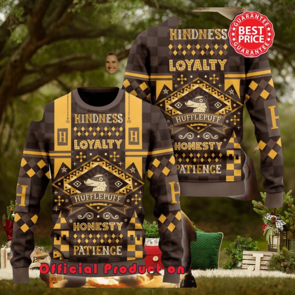 Harry Potter Hogwarts Hufflepuff Kindness Loyalty Honesty Patience Ugly Christmas Sweater Harry Potter Hogwarts Hufflepuff Kindness Loyalty Honesty Patience Ugly Christmas Sweater