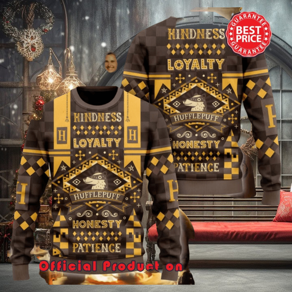Harry Potter Hogwarts Hufflepuff Kindness Loyalty Honesty Patience Ugly Christmas Sweater Harry Potter Hogwarts Hufflepuff Kindness Loyalty Honesty Patience Ugly Christmas Sweater