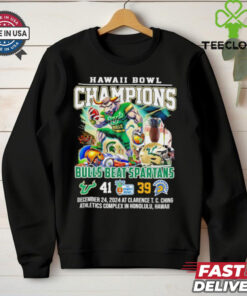Hawaii Bowl Champions Bulls Beat Spartans 41-39 Mascot Shirt, featuring a graphic celebrating the Bulls' 41-39 victory over the Spartans, with the team mascot prominently displayed. Perfect for fans commemorating this thrilling championship win.