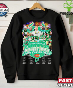 Hawaii Bowl Champions South Florida Bulls 2024 Signature T-Shirt, featuring a bold design celebrating the Bulls' victory in the 2024 Hawaii Bowl, along with player signatures and team branding. Perfect for fans commemorating this championship win.
