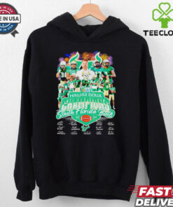 Hawaii Bowl Champions South Florida Bulls 2024 Signature T-Shirt, featuring a bold design celebrating the Bulls' victory in the 2024 Hawaii Bowl, along with player signatures and team branding. Perfect for fans commemorating this championship win.