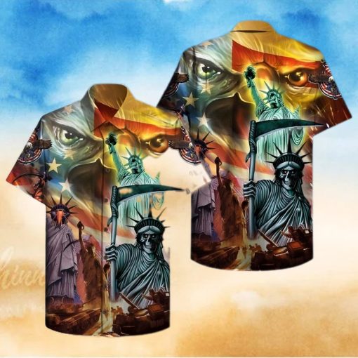 Hawaiian Aloha Shirts America Skull State Of Liberty