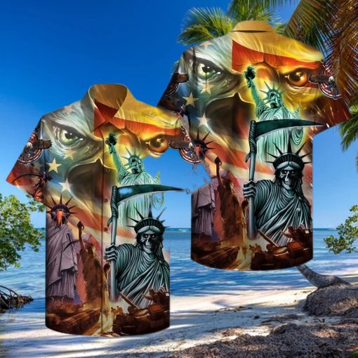 Hawaiian Aloha Shirts America Skull State Of Liberty