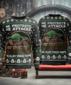 He Protects He Also Take Naps Yoda Christmas Christmas Ugly Sweater Party