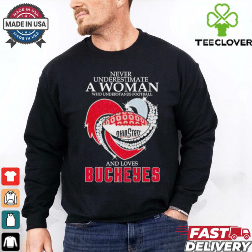 Heart never underestimate a woman who understands football and love Ohio State Buckeyes shirt